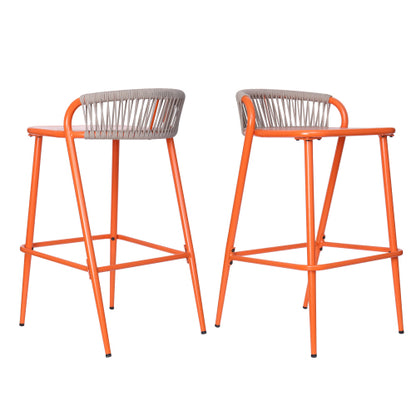 Outdoor 29" Seat Height Aluminum Frame Barstools with Rope-woven Scallop-shaped Backrest, Set of 2, Orange