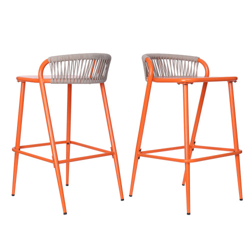 Outdoor 29" Seat Height Aluminum Frame Barstools with Rope-woven Scallop-shaped Backrest, Set of 2, Orange