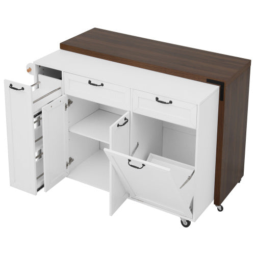 102 Inch Kitchen Island with Extendable Dining Table & Trash Storage White