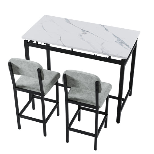 3-Piece Marble Finish Dining Set, Black Table & 2 Grey PU Upholstered Chairs