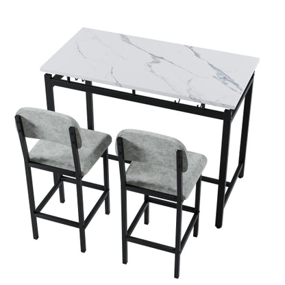 3-Piece Marble Finish Dining Set, Black Table & 2 Grey PU Upholstered Chairs