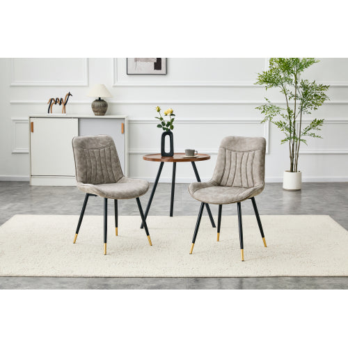 Set of 2 Gray Leathaire Tech Fabric Dining Chairs, Black Semi-Gloss Metal Leg Gold Trim Adjustable Non-Slip Feet Vertical Stitch High Back