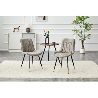 Set of 2 Gray Leathaire Tech Fabric Dining Chairs, Black Semi-Gloss Metal Leg Gold Trim Adjustable Non-Slip Feet Vertical Stitch High Back