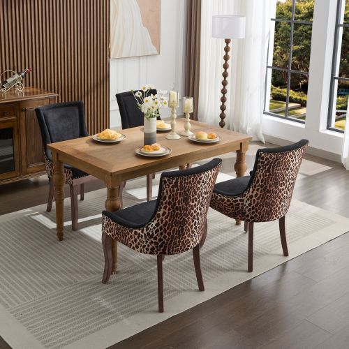 Set of 2 Leopard Print Fabric Dining Chairs, Mid-Century Solid Wood Chairs with Nailhead & 300lb Limit