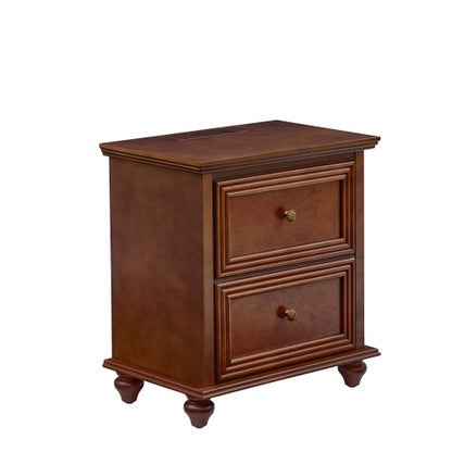 Walnut Mid-Century Nightstand, 2-Drawer Bedside Table with Charging Station & Gourd-Shaped Legs