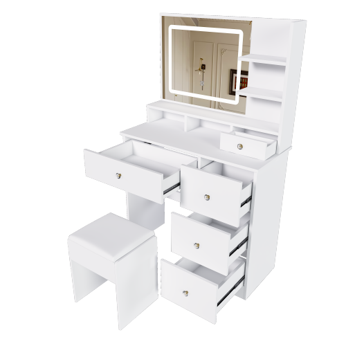 Fashion Vanity Desk w/ 3-Color Dimmable LED Mirror, 4 Silent Sliding Drawers, Open Storage Shelf, White