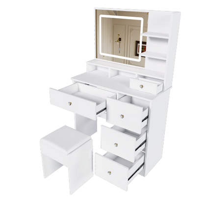 Fashion Vanity Desk w/ 3-Color Dimmable LED Mirror, 4 Silent Sliding Drawers, Open Storage Shelf, White