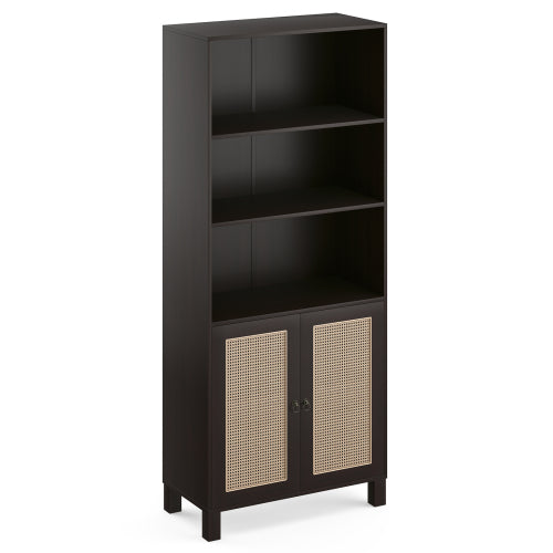Walnut Tall 5-Tier Bookshelf With Rattan Closed Doors Large-Capacity Wooden Home Library Storage Bookcase