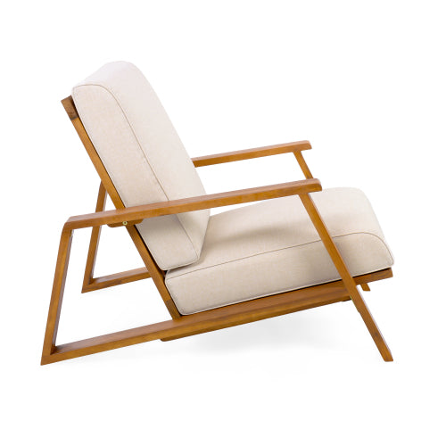Patio Lounge Chair Set of 2, Outdoor Club Chair with Beige Cushion and Teak Acacia Wood Frame