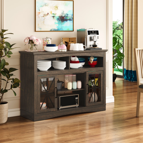 47 Inch Brown Farmhouse Retro TV Stand with Tempered Glass Doors, LED Lights & Adjustable Shelves