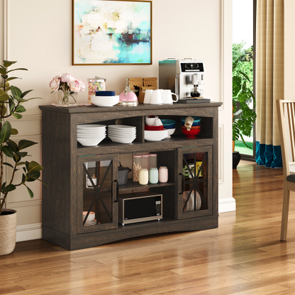 47 Inch Brown Farmhouse Retro TV Stand with Tempered Glass Doors, LED Lights & Adjustable Shelves