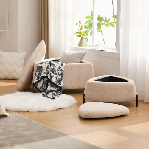 29.9 Inch Light Camel 2-Piece Nesting Faux Fur Storage Ottoman Set, Reversible Tray Lid Footstool with Metal Legs, 275 LBS