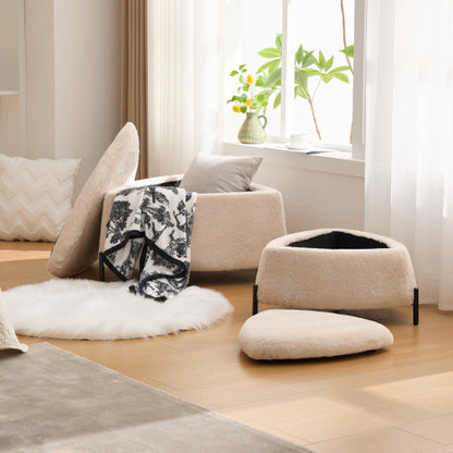 29.9 Inch Light Camel 2-Piece Nesting Faux Fur Storage Ottoman Set, Reversible Tray Lid Footstool with Metal Legs, 275 LBS
