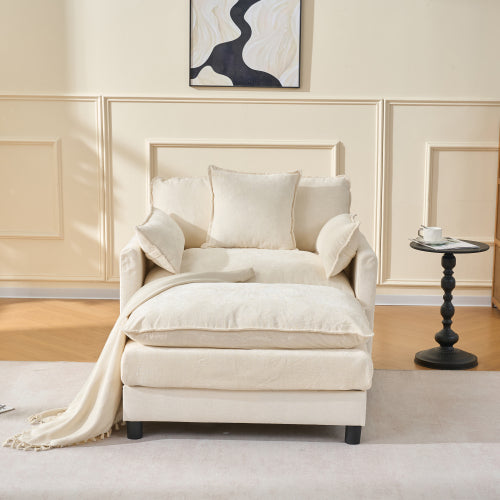 39.4 inch  Beige Chenille Modern Accent Chair with Ottoman, Solid Wood Frame