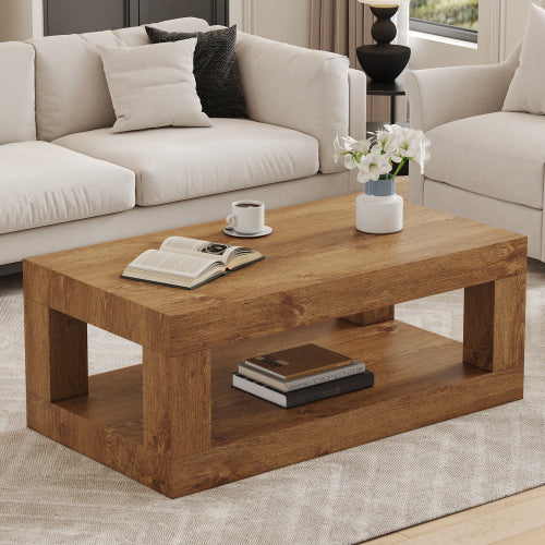 Modern 2-Tier Rectangular Coffee Table MDF Storage Center Table Walnut