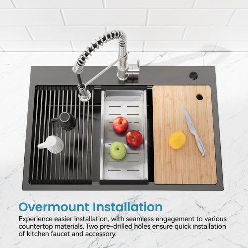 Stainless Steel Kitchen Sink, 30″x22″ Single Bowl, Overmount Handmade Sink in Black, with Cutting Board, Colande