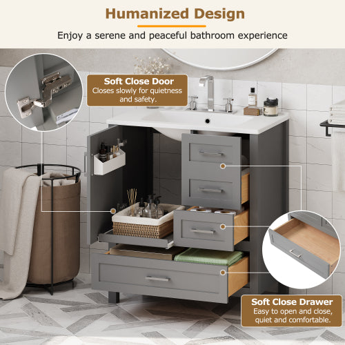 30" Gray Bathroom Vanity with Sink Combination Set, Bathroom Storage Cabinet with Soft Close Door, 3 Soft Close Drawers and Removable Tray, Solid Wood Frame