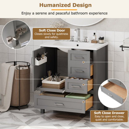 30" Gray Bathroom Vanity with Sink Combination Set, Bathroom Storage Cabinet with Soft Close Door, 3 Soft Close Drawers and Removable Tray, Solid Wood Frame