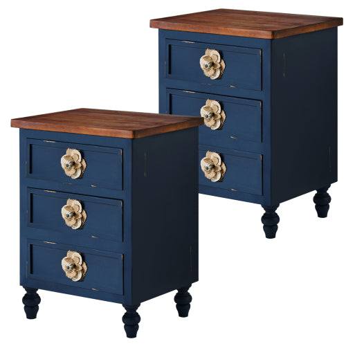 Navy Distressed 3-Drawer Farmhouse Nightstand