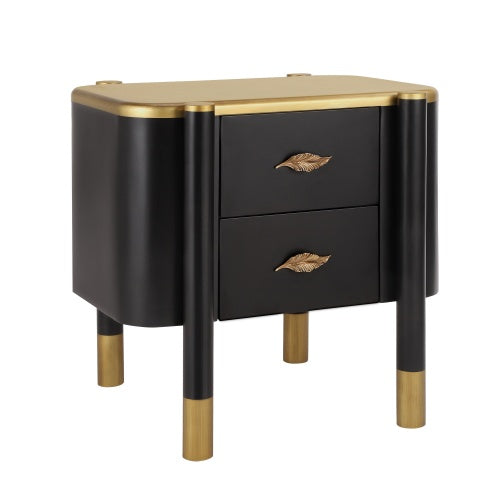 Black Curved Nightstand, 2-Drawer Bedside Table with Feather-Shaped Metal Handles & Tall Legs