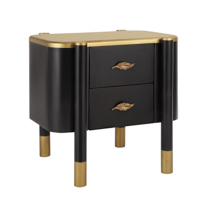 Black Curved Nightstand, 2-Drawer Bedside Table with Feather-Shaped Metal Handles & Tall Legs