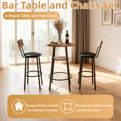 3 Pieces Round Bar Table and Chairs Set, Small Dining Table for 2 with 2-Tier Storage & 2 PU Upholstered Bar Stools for Kitchen, Dining Room, Living Room, Bar, Cafe, Small Space Corner, Rustic Brown