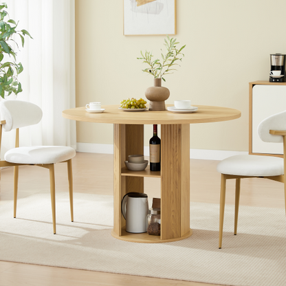 3-Piece Natural Wood Grain Dining Set, 47.2inch  Round Table with Double Shelves & 2 Velvet Chairs