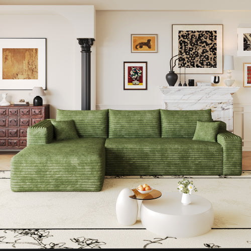 103 inch  Green Plush Corduroy L-Shape Cloud Modular Sofa, No Assembly