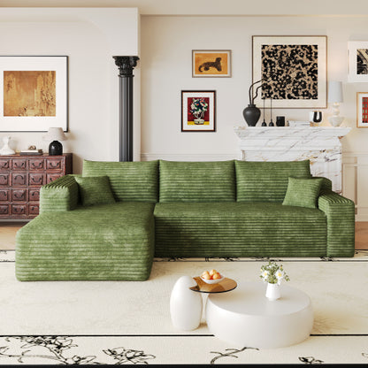 103 inch  Green Plush Corduroy L-Shape Cloud Modular Sofa, No Assembly