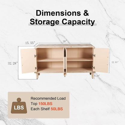 59'' Farmhouse Curved Vintage Storage Sideboard with Adjustable Shelves (Natural Wood Washed)
