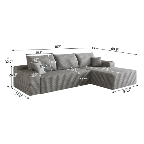 107 inch  Grey Plush Corduroy L-Shape Chaise Cloud Modular Sofa, No Assembly
