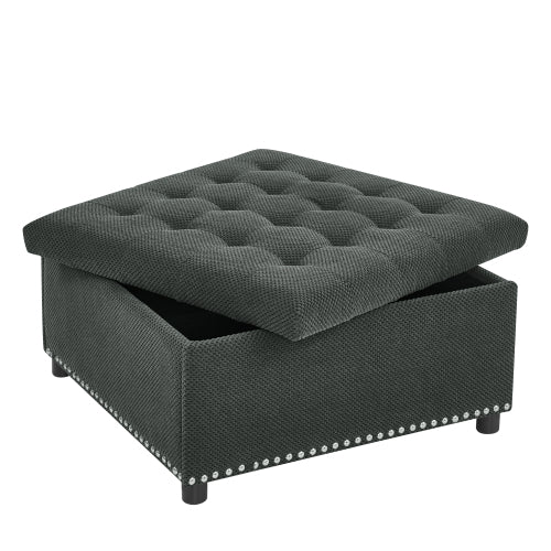 Dark Grey Tufted Square Storage Ottoman with Nailhead Trim, Upholstered Footstool for Living Room & Bedroom
