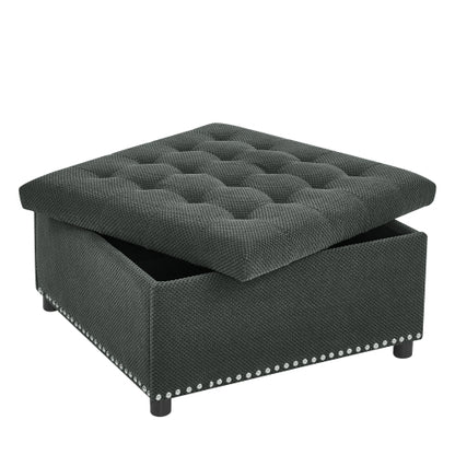 Dark Grey Tufted Square Storage Ottoman with Nailhead Trim, Upholstered Footstool for Living Room & Bedroom