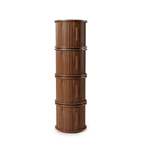 2 Pack Walnut Nesting Round Tables, Fluted Roman Column Design with Sliding Door