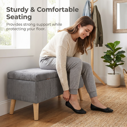 32 inch Olive Grey Corduroy Flip-Top Storage Ottoman Bench, Wooden Leg Upholstered Entryway & Bedroom Footrest