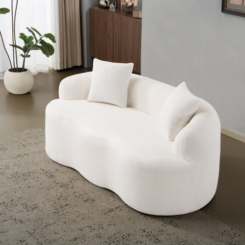 White Curved Compression Loveseat Sofa with 2 Pillows, No Assembly