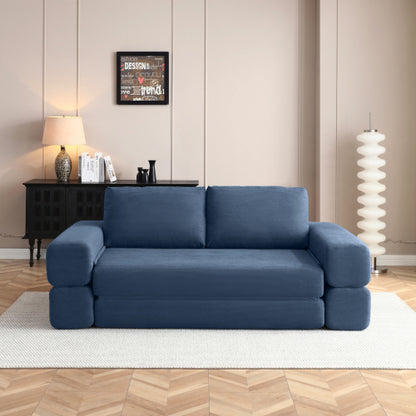 81 inch  Blue Corduroy 3-in-1 Boneless Convertible Floor Sofa-Bed with Pillows