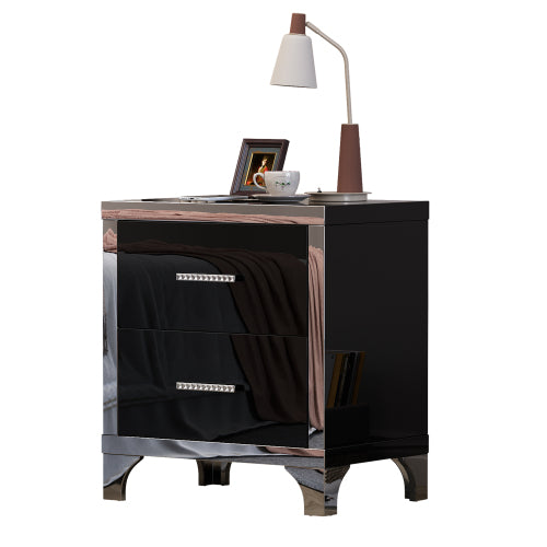 High Gloss Mirrored Nightstand with 2 Drawers,Modern End Table with Drawers,Mirrored High Gloss Wood Nightstand Metal Handle Bedside End Table for Bedroom, Dorm,Living Room,Black
