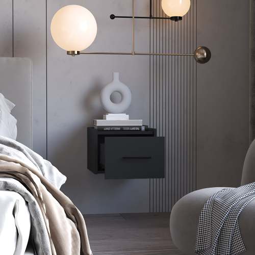 Black Finish Wall Mounted Floating Nightstand, 1 Drawer & 2-Tier Shelf