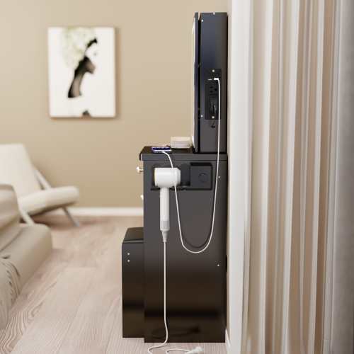 29.2" Small Size Left Bedside Cabinet Vanity Table + Cushioned Stool, 2 AC+2 USB Power Station, Hair dryer bracket, Extra Large Touch Control Sliding LED Mirror, Tri-color Switching, Brightness Adjust