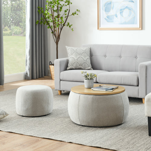 Light Grey Round Pleated Fabric Storage Ottoman with Built-In Stool, 25 inch x25 inch x14.7 inch, 250 LBS Weight Capacity