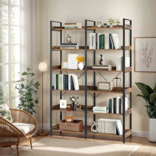 67 Inch 6 Tier Industrial Wooden Open Bookshelf Metal Frame Home Display Rack