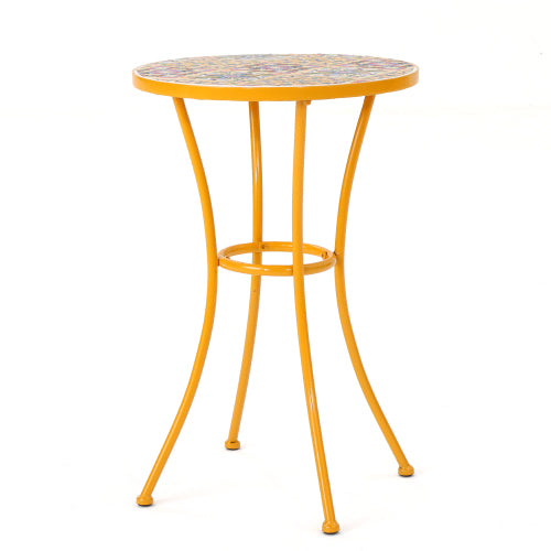 Outdoor Side Table with Tile Mosaic Table Top and Metal Legs, Yellow