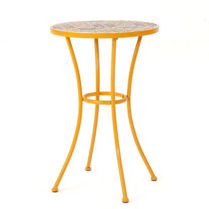 Outdoor Side Table with Tile Mosaic Table Top and Metal Legs, Yellow