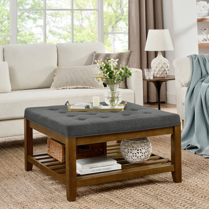 33.5 inch Dark Gray Tufted Linen Square Ottoman Coffee Table, Beech Wood Frame Storage Footrest Ottoman