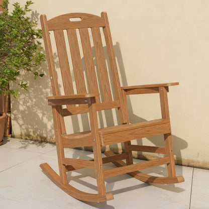 Rocking chair teak color, suitable for all seasons: Outdoor lounge chair, made of sturdy HIPS material, equipped with 304 stainless steel accessories.