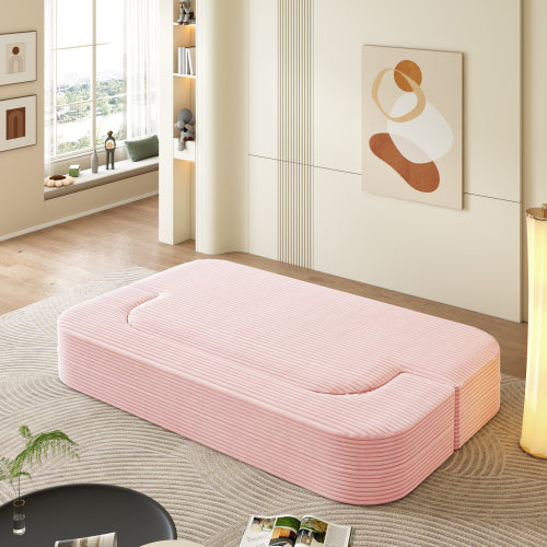 78.7-Inch Baby-Pink Convertible Corduroy Sleeper Floor Sofa-Bed with Zip-On Blanket & 2 Pillows No-Assembly