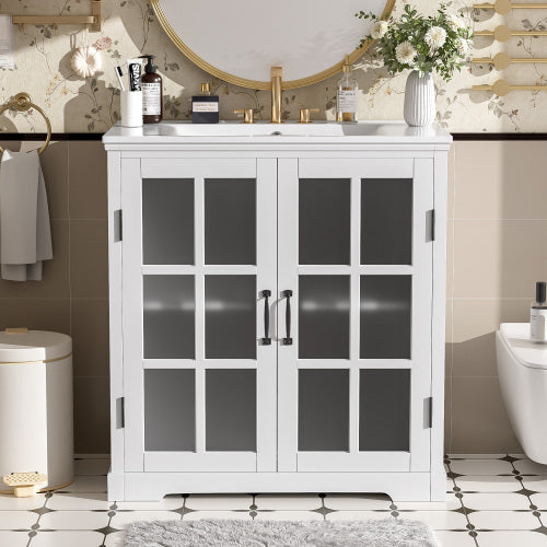 30" Modern Bathroom Vanity with Ceramic Sink, Bathroom Vanity Cabinet with Tempered Blurred Glass and Matte Black Handles, Equipped with Large Storage Space and Rubber Wood Frame, White