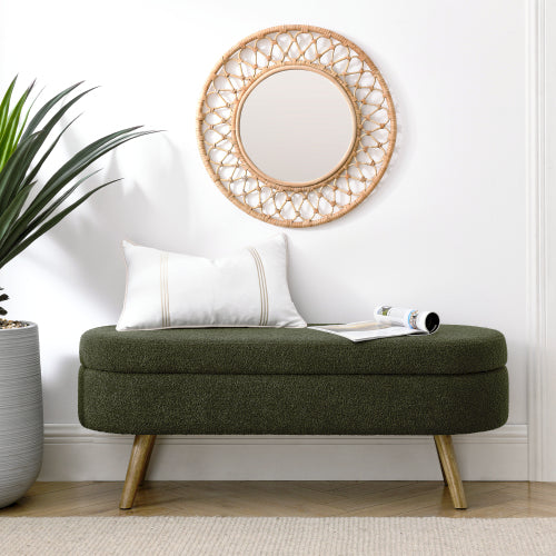 Ottoman Oval Storage Bench,Rubber Wood Legs, Green(43.5inch x16inch x16inch )