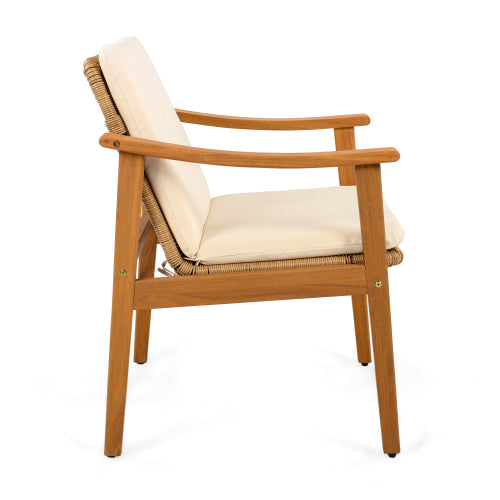 Outdoor Dining Chairs Set of 2, Teak Color Acacia Wood Frame, Brown PE Wicker, Beige Waterproof Cushion, Ideal for Patios, Gardens